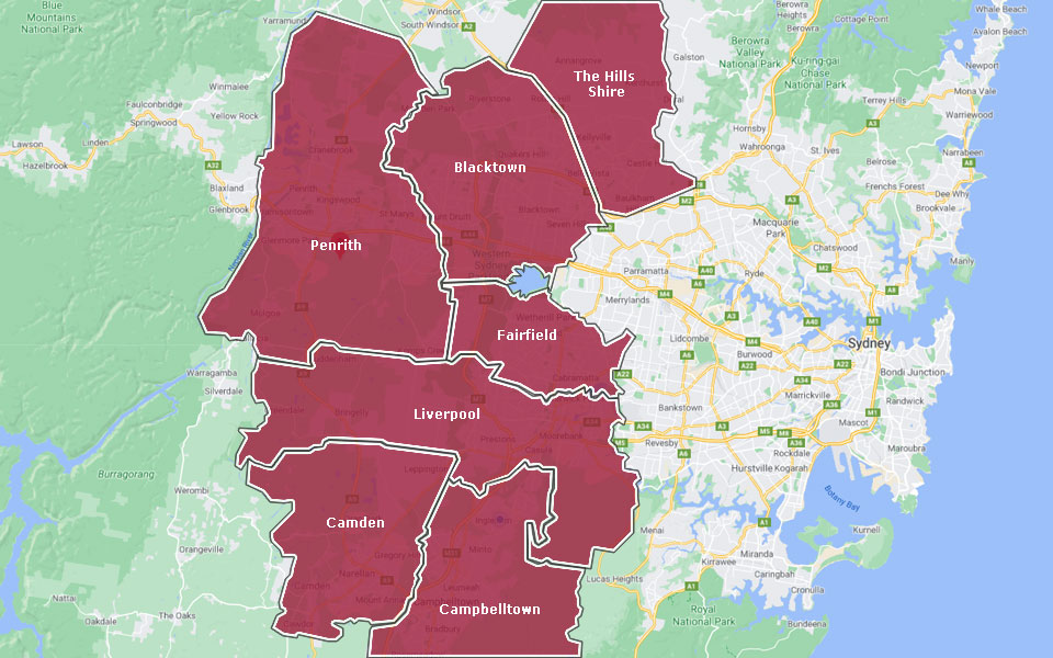 A map of True Vine Homes build locations across Greater Western Sydney