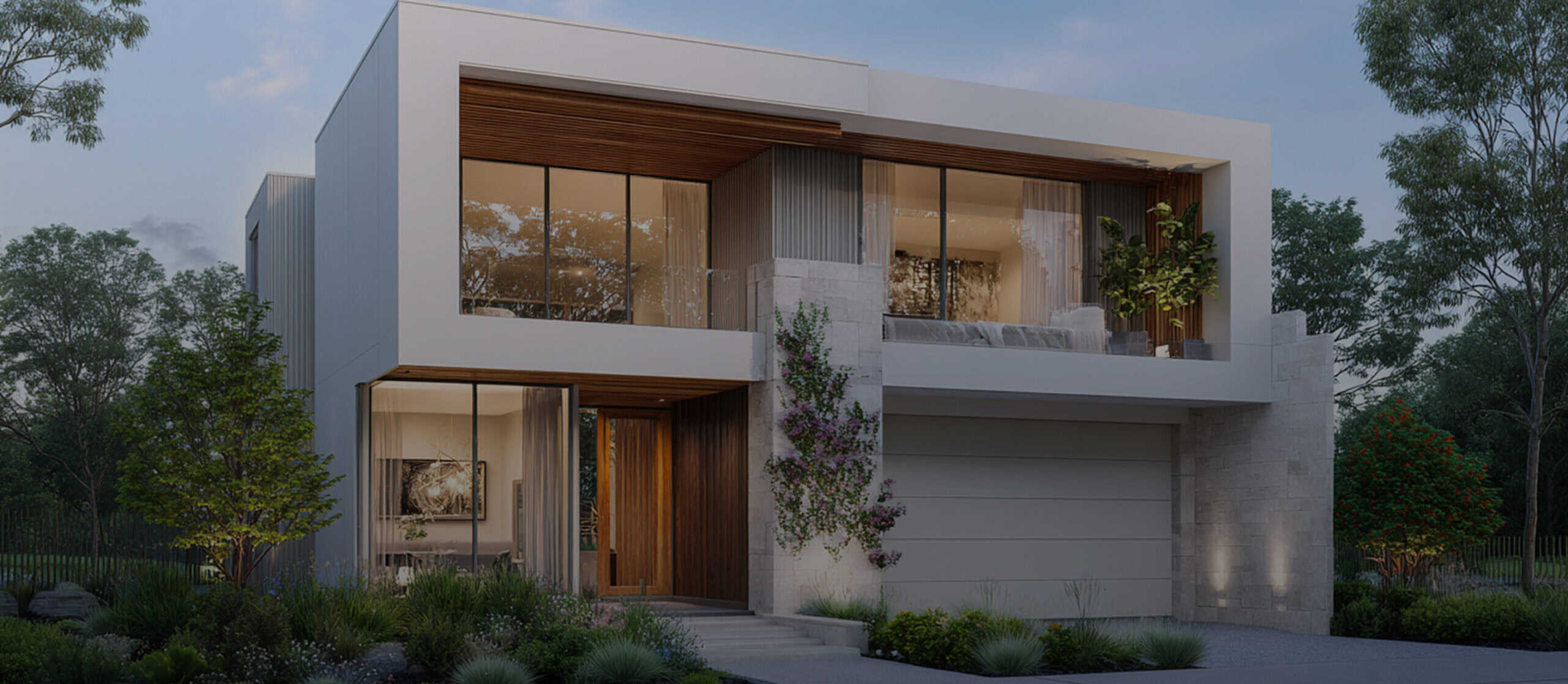 A modern two-story house with large glass windows, flat roof, a wooden entrance, and landscaped front yard amid trees.