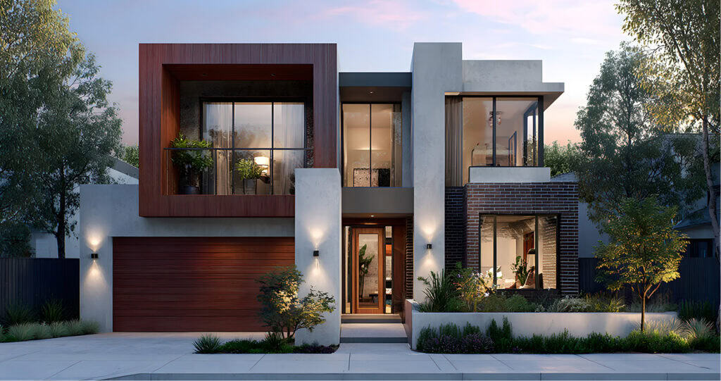 Modern two-story house with large windows, a wooden garage door, concrete and brick exterior, landscaped front yard, and outdoor lighting at dusk.