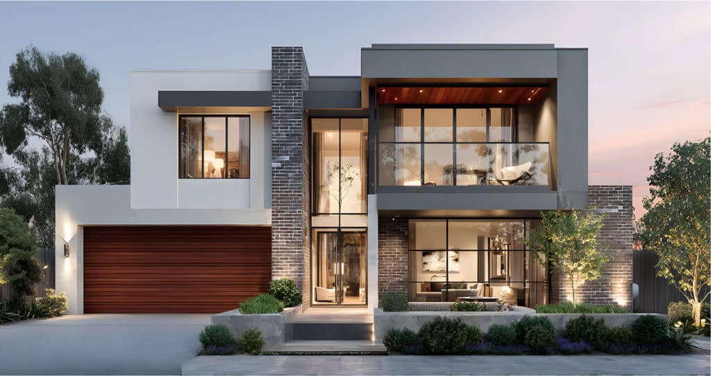 Modern two-story house with large windows, a balcony, and a double garage, featuring contemporary design elements and landscaped front yard.