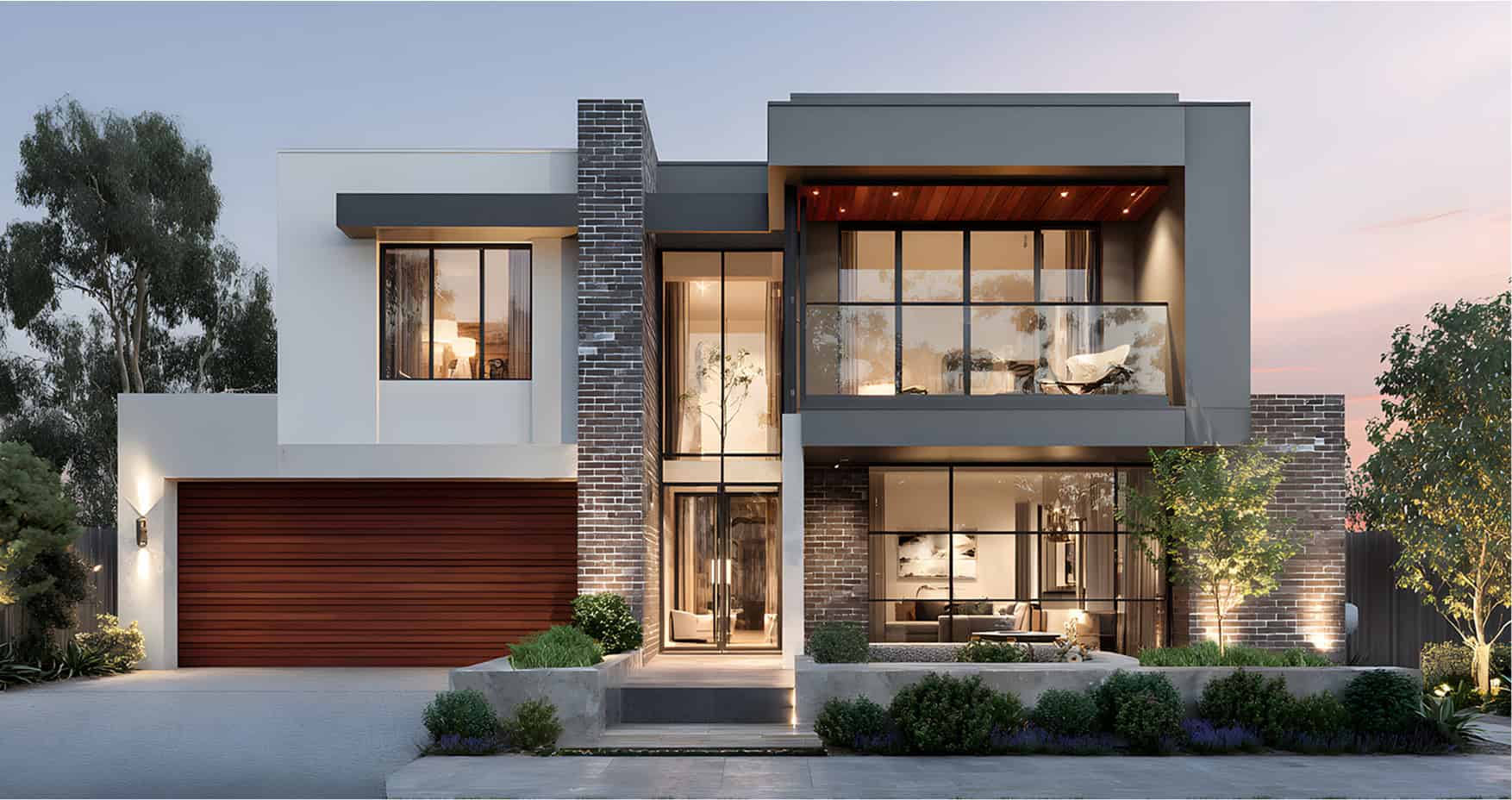 Modern two-story house with large windows, a balcony, and a double garage, featuring contemporary design elements and landscaped front yard.