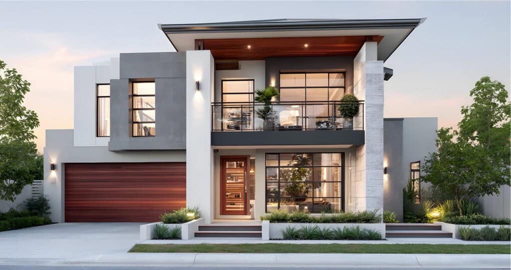 Modern two-story house with large windows, a wooden garage door, balcony, and landscaped front yard. The exterior is a mix of white, gray, and wood accents.