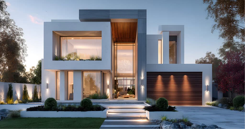 Modern two-story house with large floor-to-ceiling windows, a wooden garage door, and landscaped front yard at dusk.