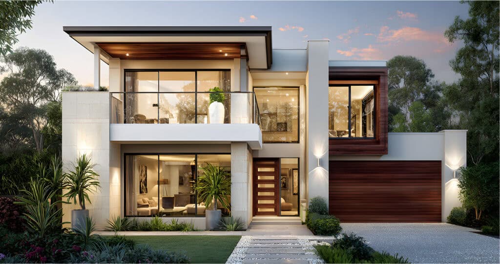 Modern two-story house with large glass windows, wooden accents, a balcony, and landscaped front yard at sunset.