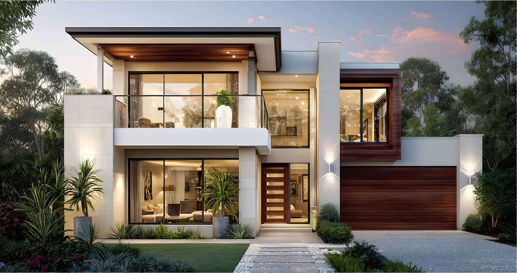 Modern two-story house with large glass windows, wooden accents, a balcony, and landscaped front yard at sunset.