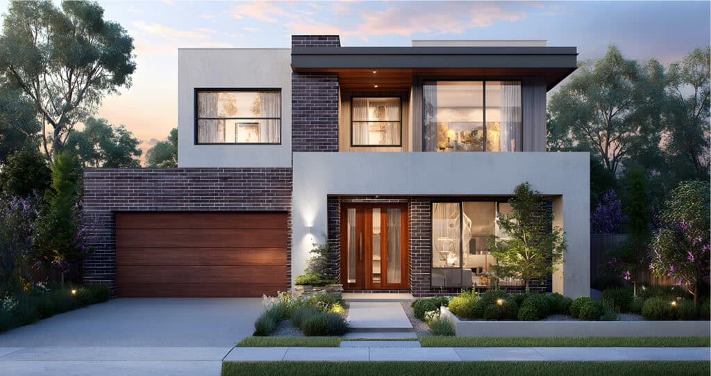 Modern two-story house with a mix of brick and white exterior, large windows, wooden double garage, and landscaped front yard at dusk.