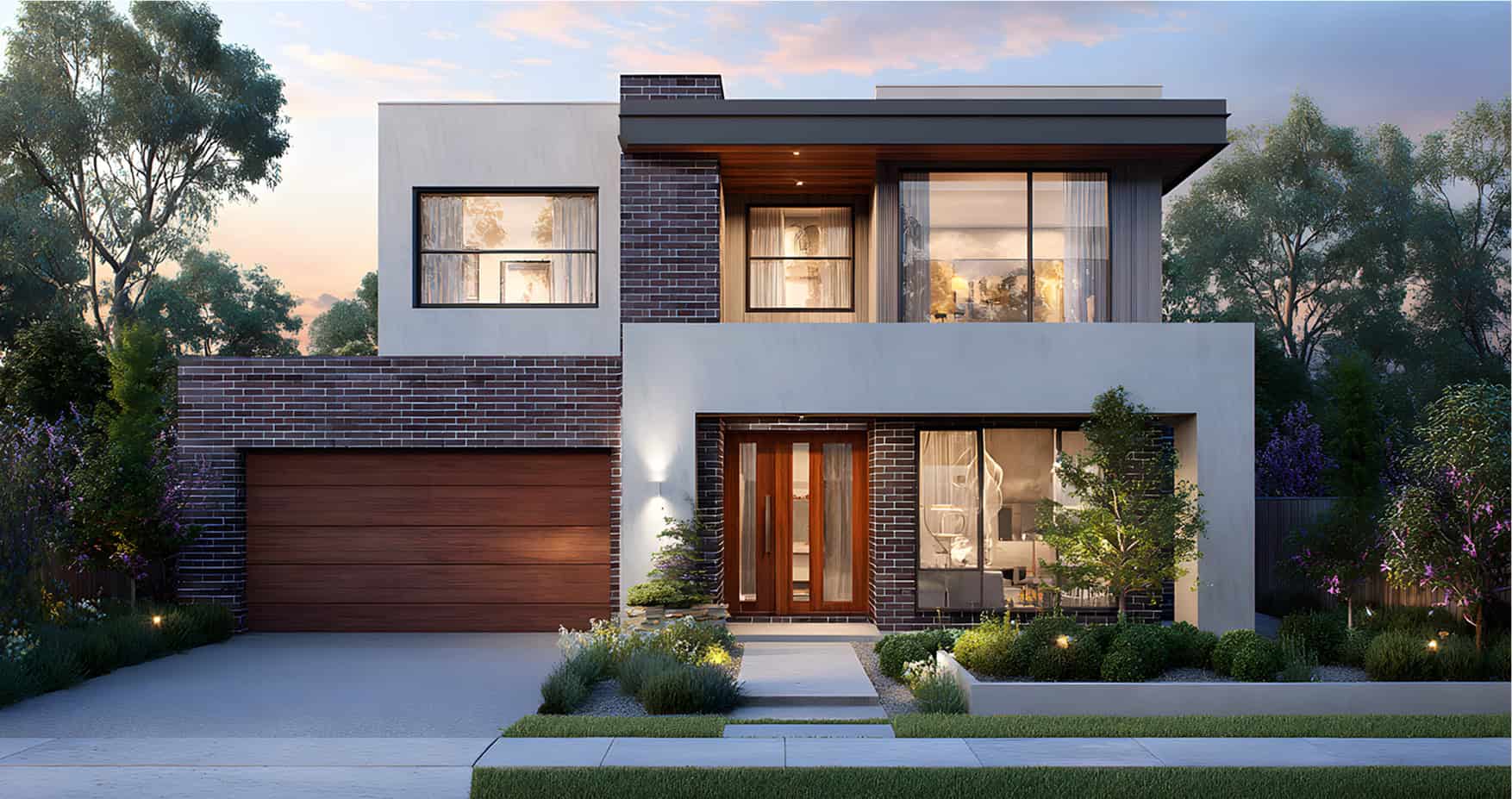 Modern two-story house with a mix of brick and white exterior, large windows, wooden double garage, and landscaped front yard at dusk.