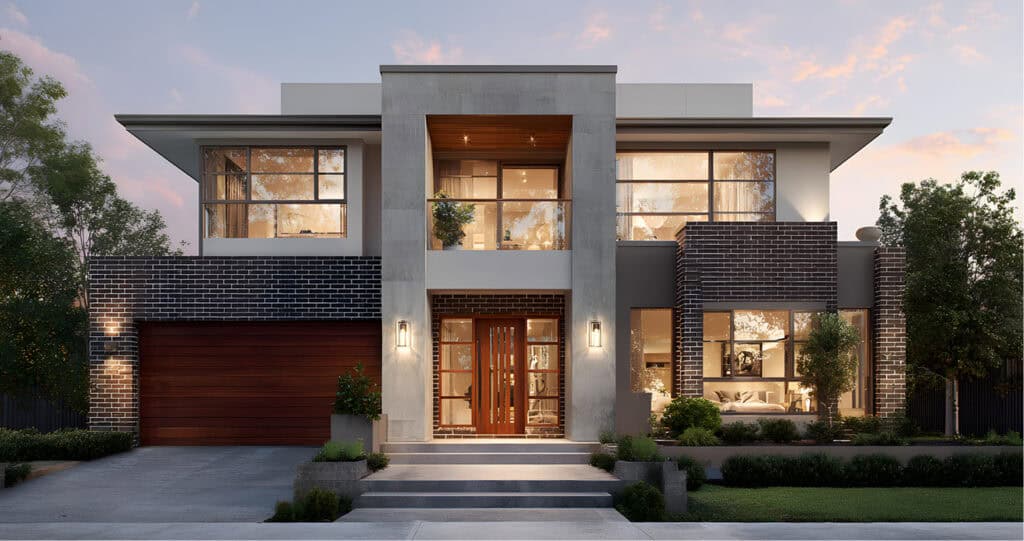 Modern two-story house with large windows, dark brick and light-colored walls, wooden double front door, and an attached garage at sunset.