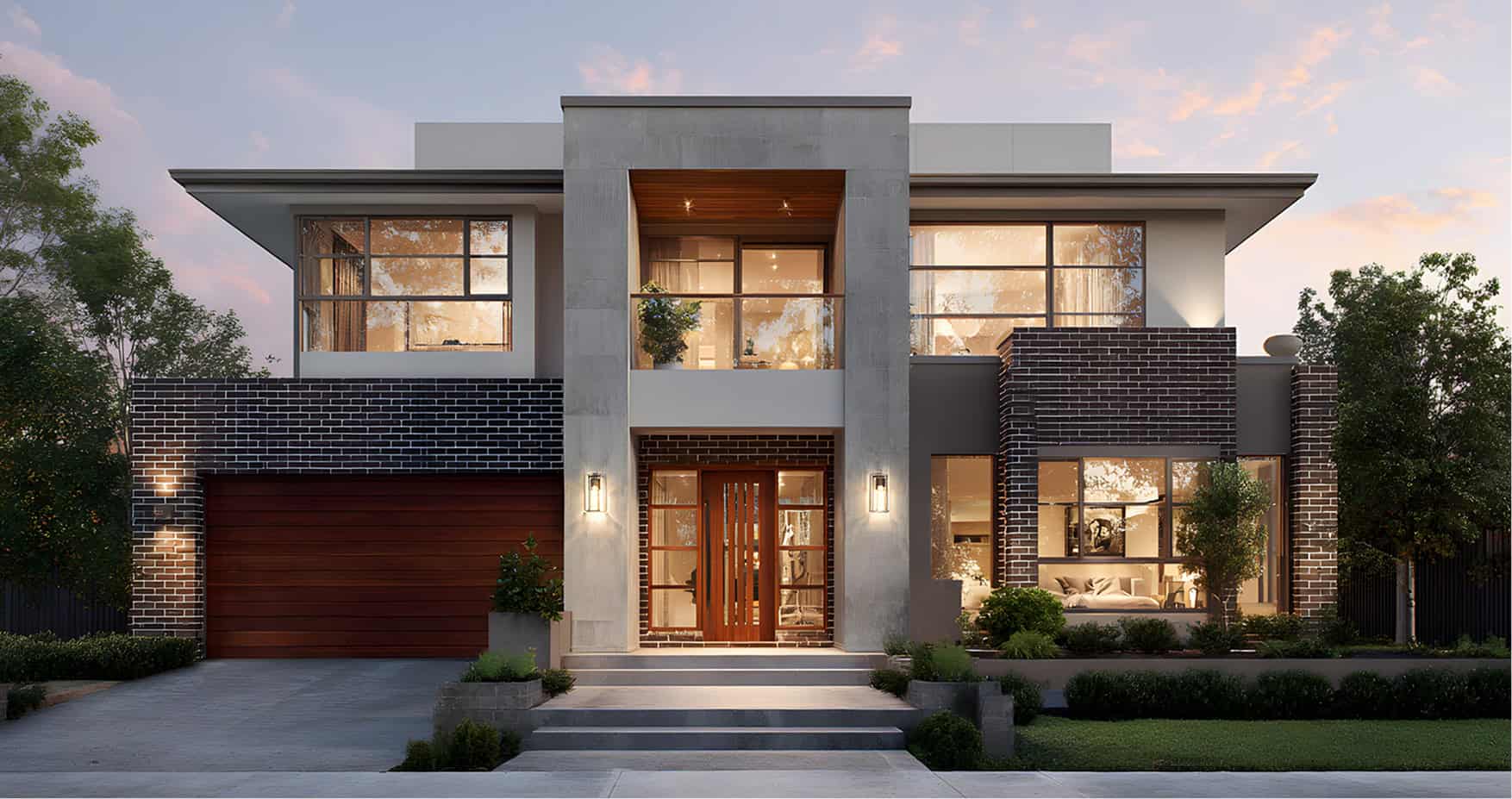 Modern two-story house with large windows, dark brick and light-colored walls, wooden double front door, and an attached garage at sunset.