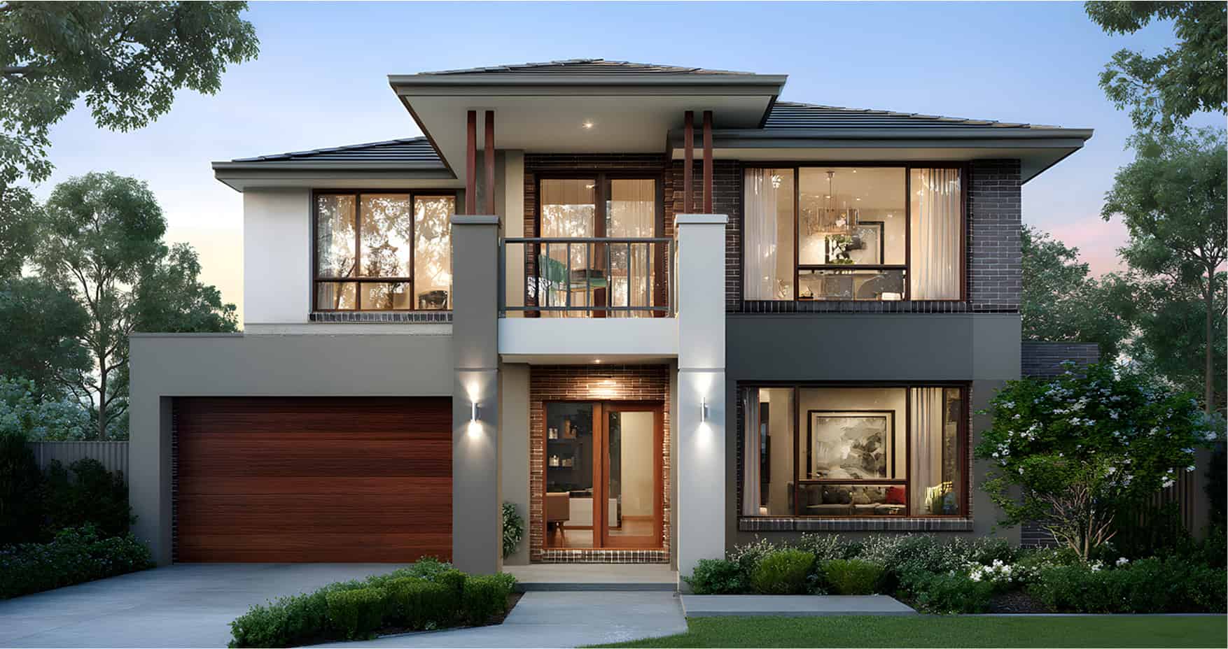 Modern two-story house with large windows, a double garage with wooden door, landscaped front yard, and a balcony above the entrance.