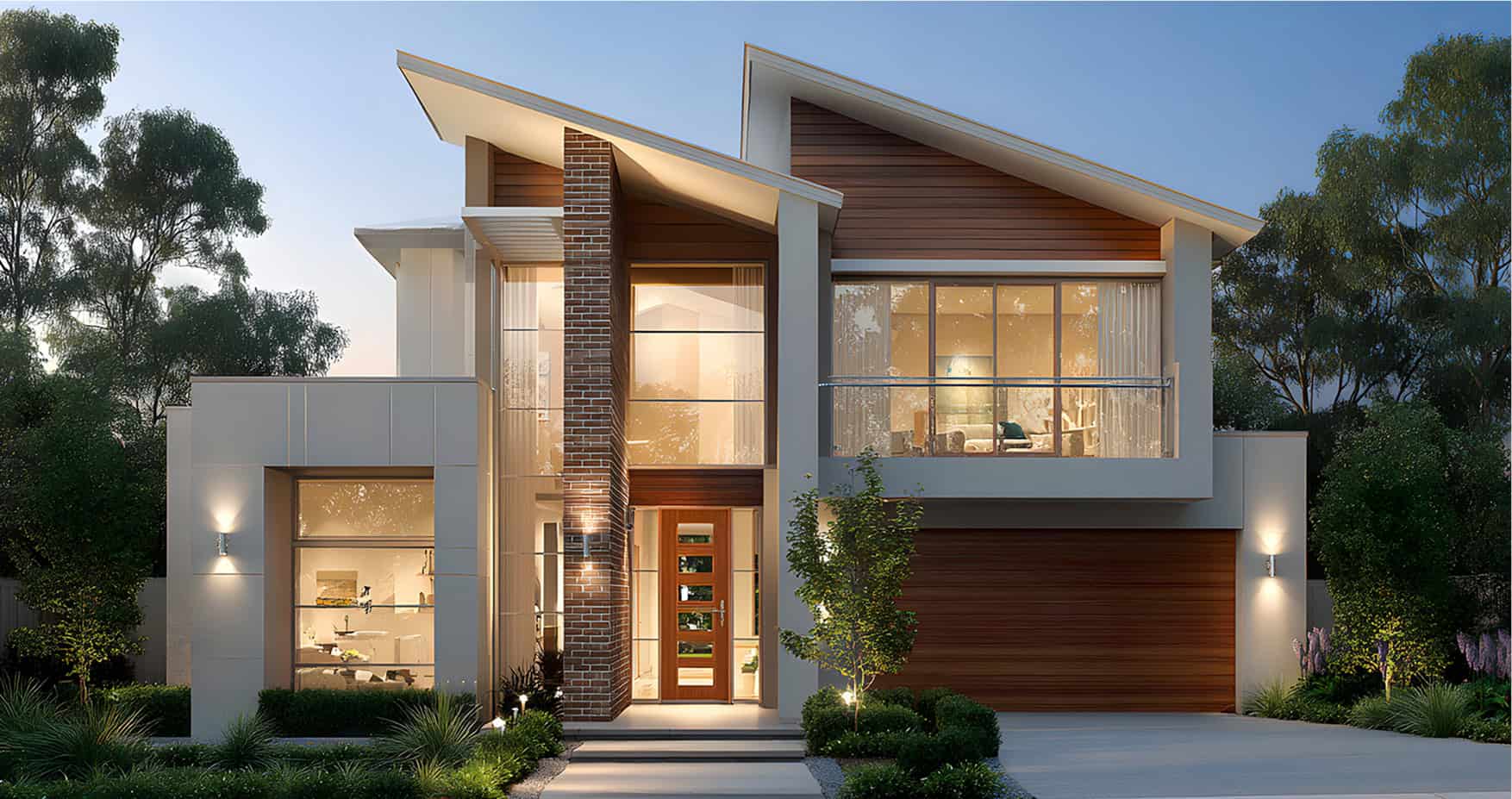 Modern two-story house with large windows, wood and brick exterior accents, a glass balcony, and a double garage, surrounded by landscaped greenery at dusk.