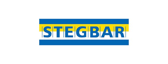 Stegbar logo with bold blue text on a white background, accented by horizontal blue and yellow lines.