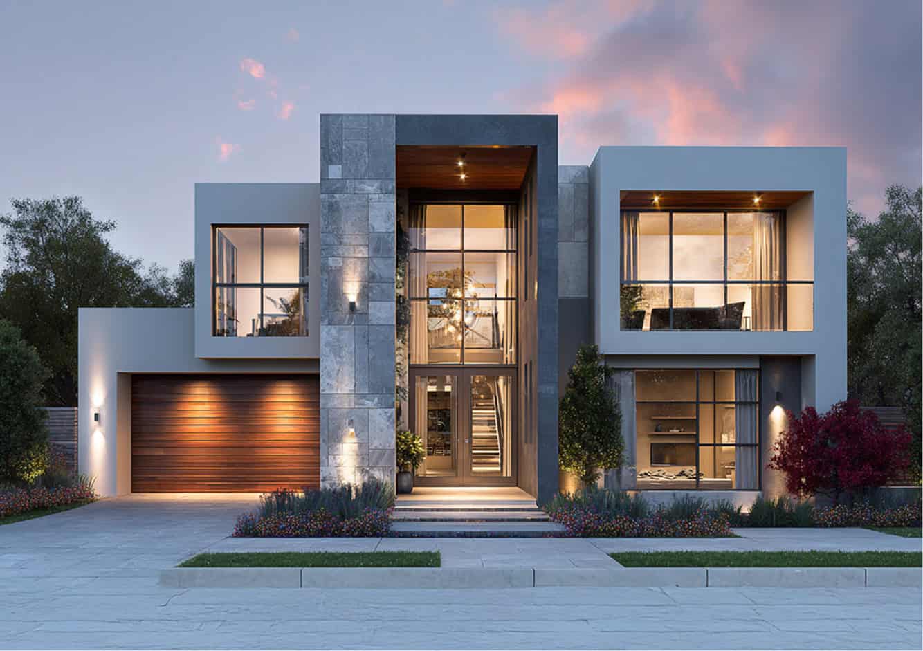 Modern two-story house with large glass windows, stone and wood accents, double garage, landscaped yard, and outdoor lighting at dusk.